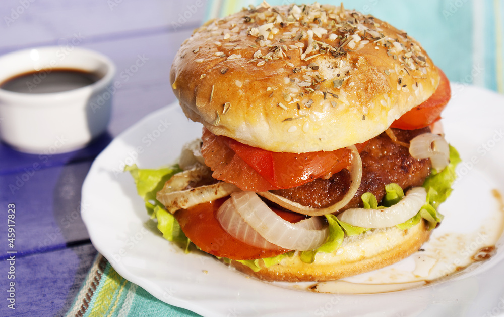 Burger with meat and baked vegetables Burger with meat and baked vegetables