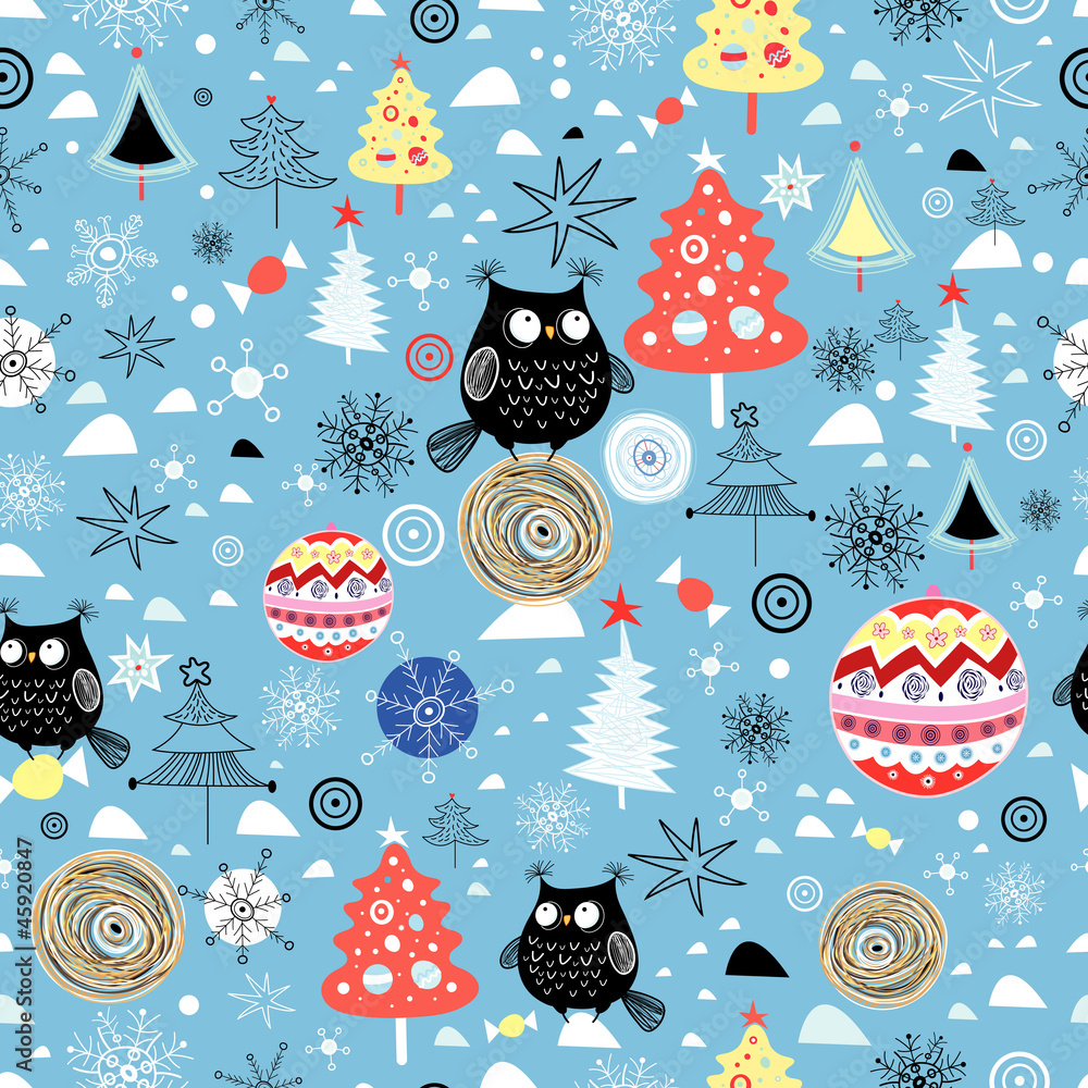 Christmas texture of owls trees and balls Christmas texture of owls trees and balls