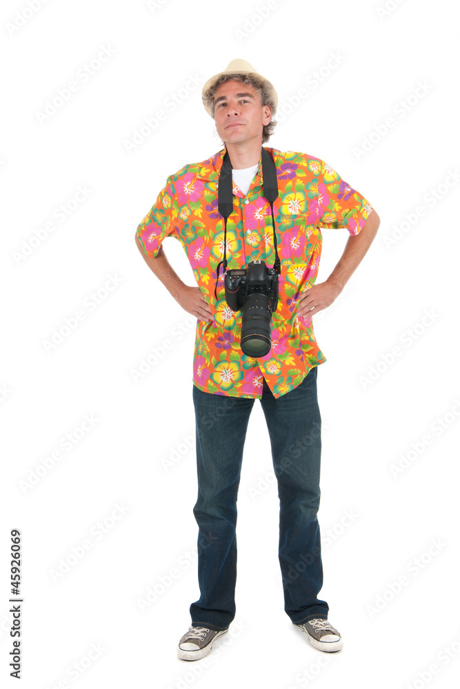 Tourist with big camera and backpack Tourist with big camera and backpack