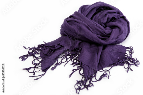 Billede på lærred Purple scarf with tassels, isolated on white background.