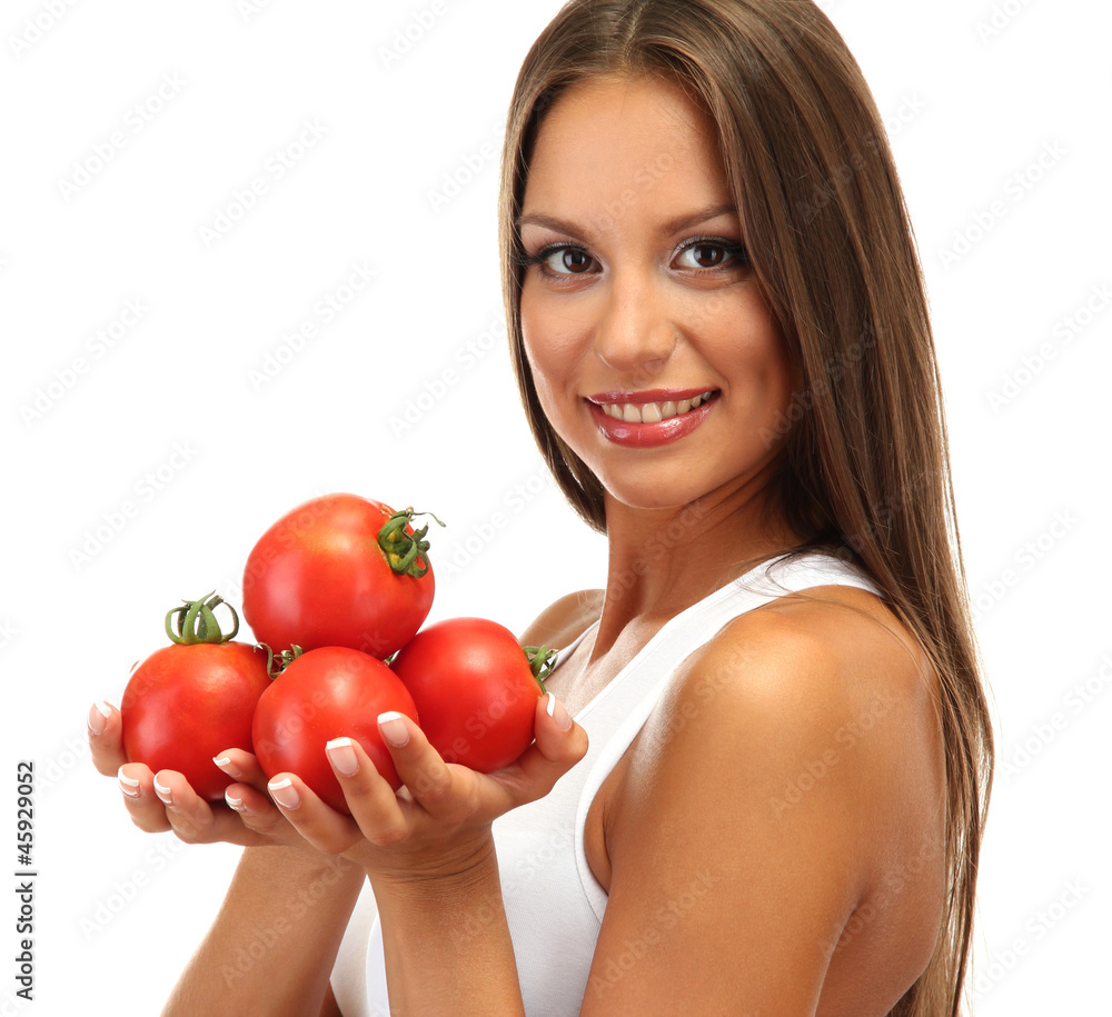 beautiful young woman with tomatoes, isolated on white beautiful young woman with tomatoes, isolated on white