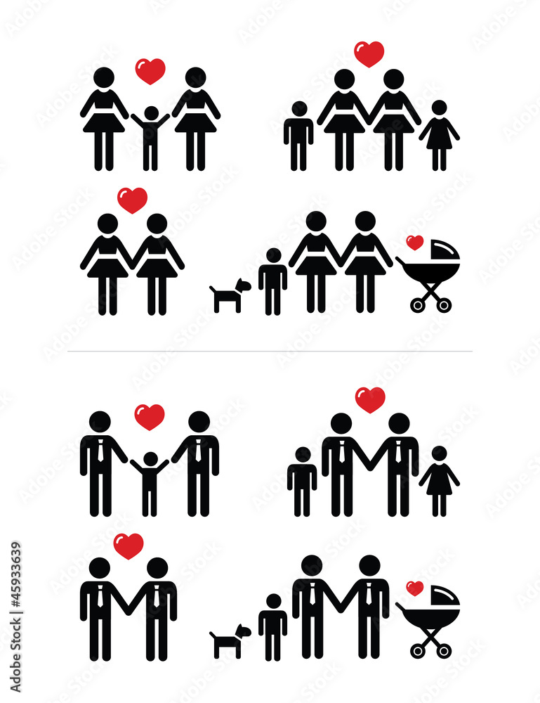 Gay, lesbian couples and family with children icons set Gay, lesbian couples and family with children icons set