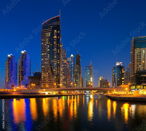 A view of Dubai Marina, Dubai, UAE at Dusk
