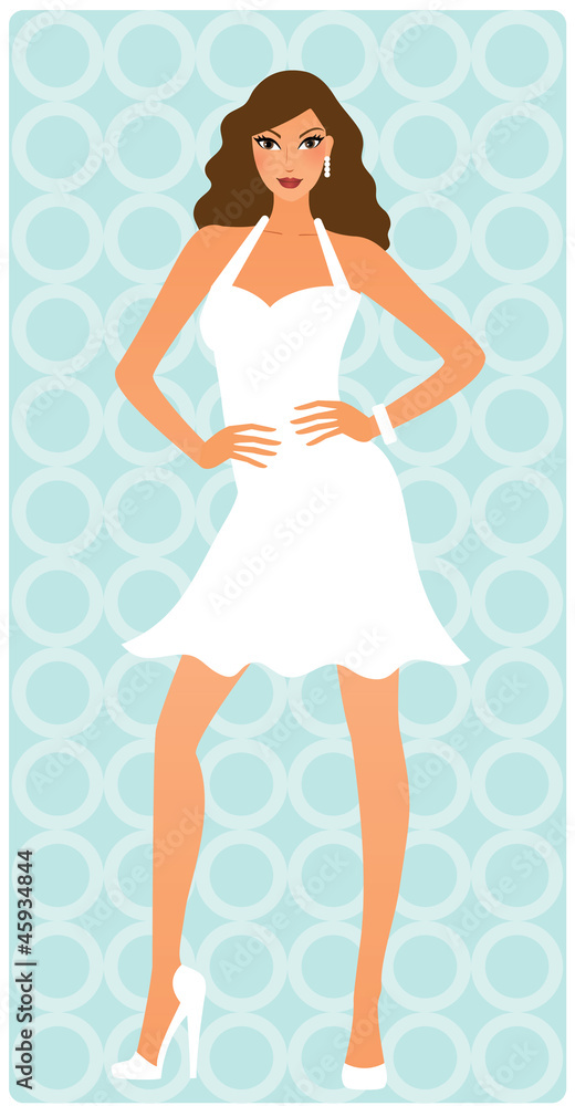 Attractive brunette posing in sexy white short dress Attractive brunette posing in sexy white short dress