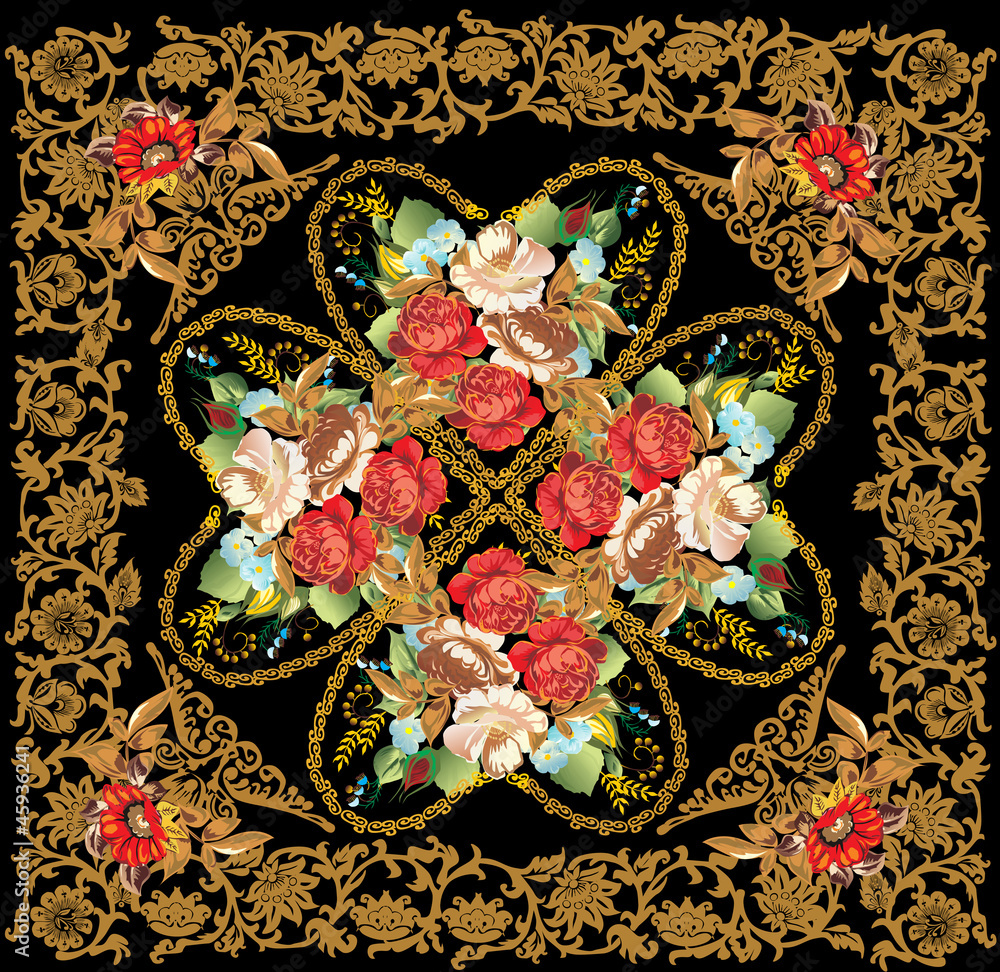 square pattern with gold design and red roses square pattern with gold design and red roses