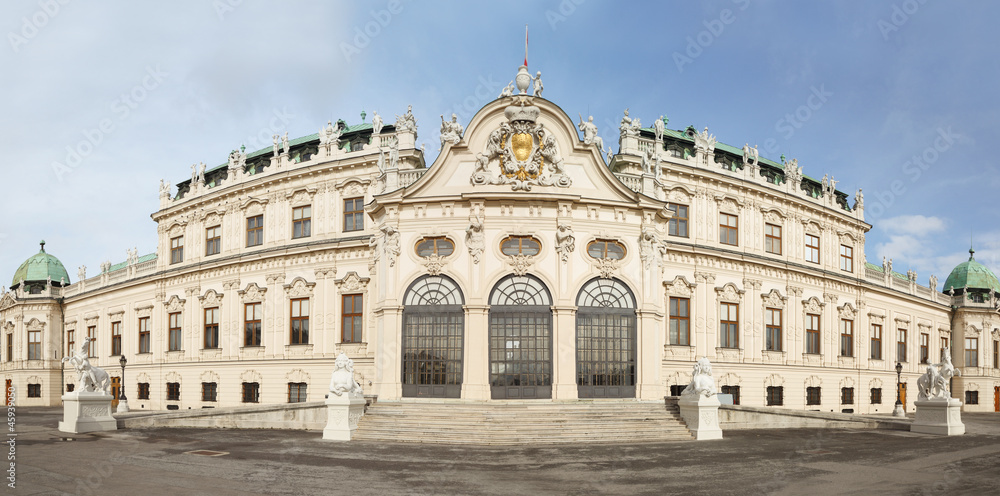 Belvedere castle with statue, flag in Vienna, Austria