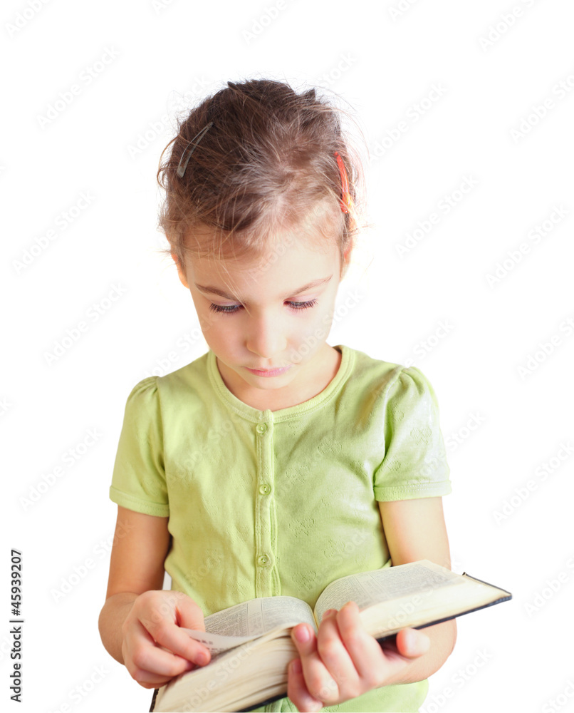 Little girl hold book in hands, read Little girl hold book in hands, read