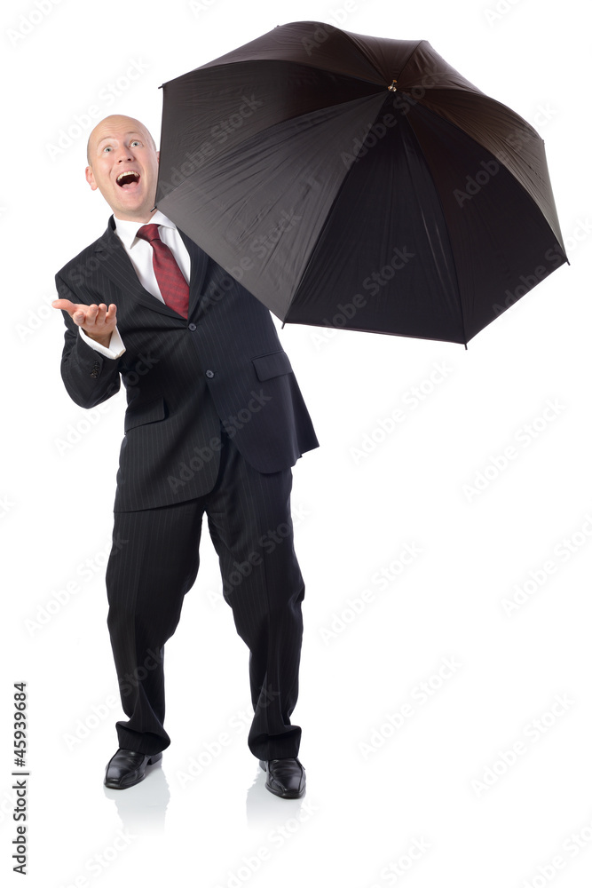 Man in suit with umbrella concept of getting better Man in suit with umbrella concept of getting better