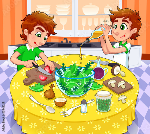 Twins are preparing a green salad.  Vector illustration.