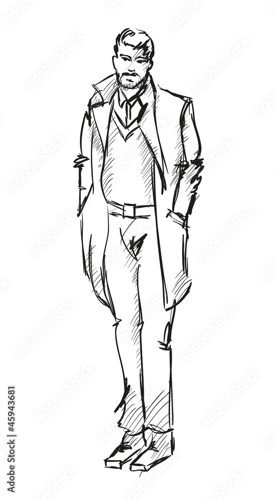 Sketch. Handsome stylish man showcasing street fashion Sketch. Handsome stylish man showcasing street fashion