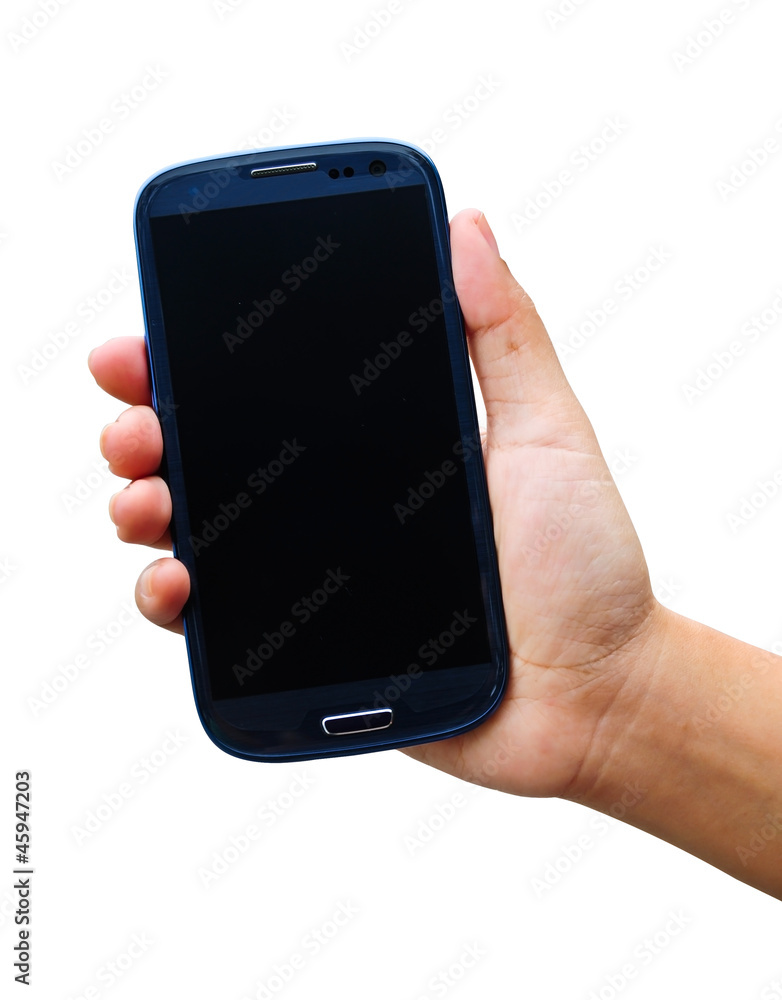 Hand holding smart phone with blank screen on white background Hand holding smart phone with blank screen on white background