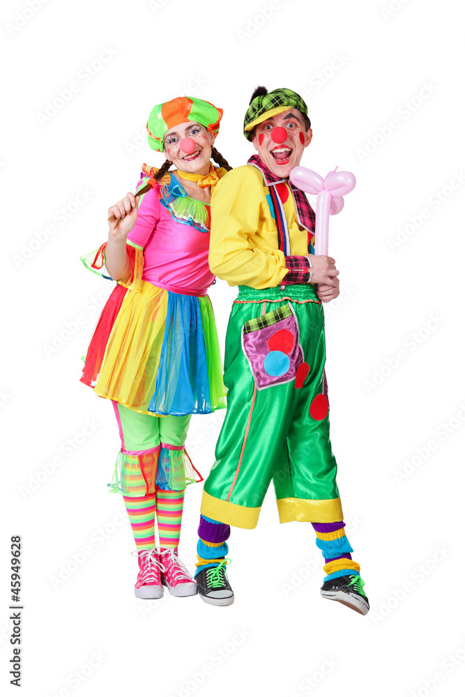two clowns with a balloon in a hand