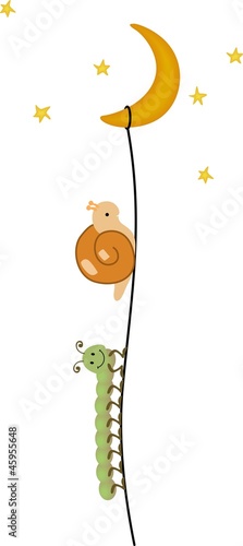 Centipede and snail climbing to the moon
