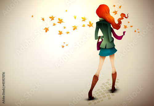 Autumn Background | Young Woman in wind