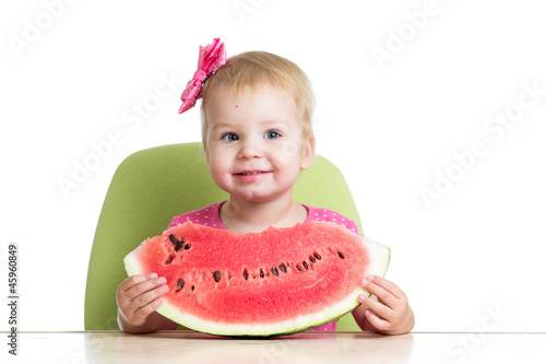 Little girl eating watermel...