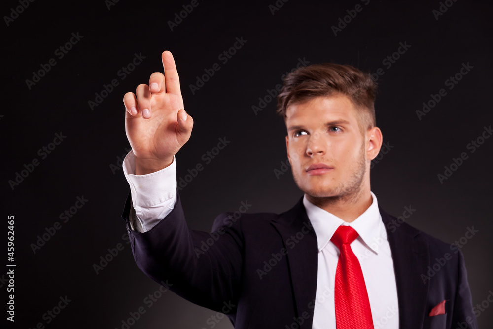 business man pushing button business man pushing button