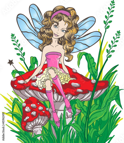 Little fairy sitting on the mushroom