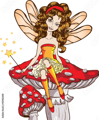 Little fairy sitting on the mushroom, isolated