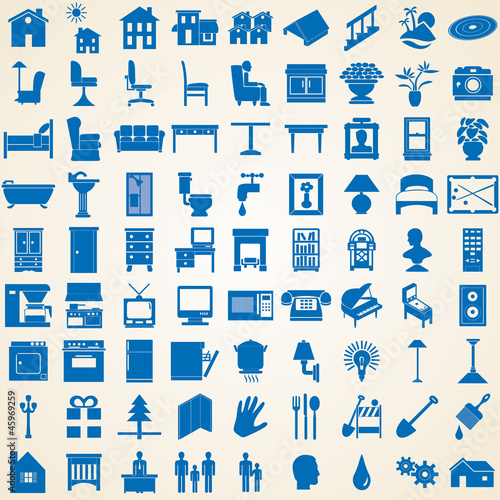 Household icons, set of various interior furniture silhouettes