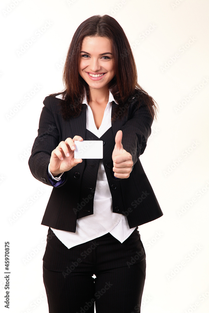 Happy smiling business woman with thumbs up gesture and in the h Happy smiling business woman with thumbs up gesture and in the h