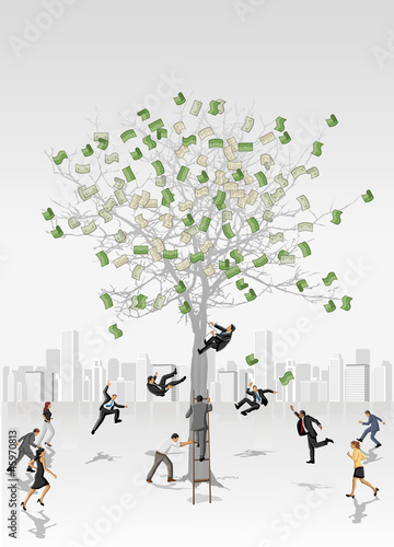 Money tree with business people trying to collect bills