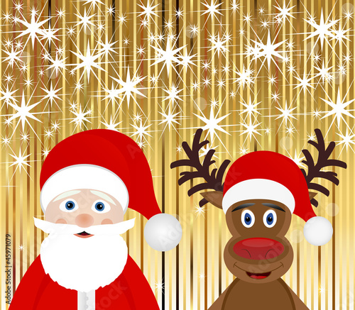 Santa Claus and Christmas reindeer on a gold background