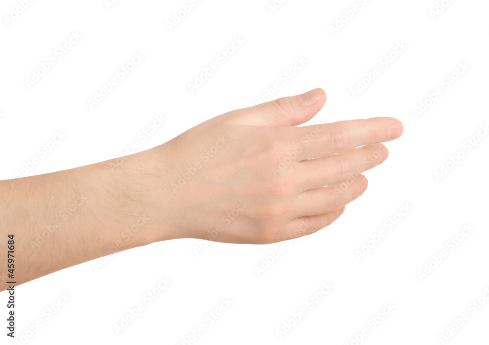 Hand on white background something holding