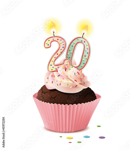 Cupcake mit Kerze und die Zahl 20