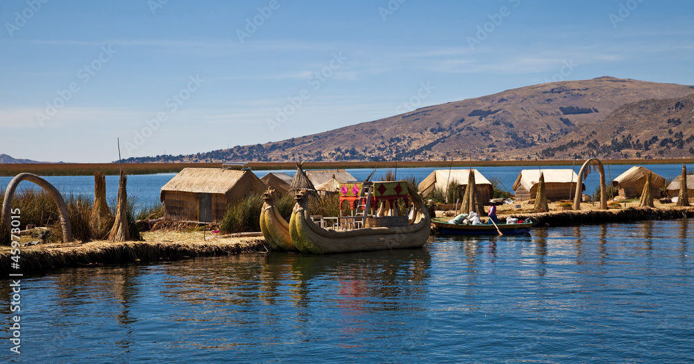 The floating and tourist Islands of lake Titikaka Puno Peru Sou The floating and tourist Islands of lake Titikaka Puno Peru Sou