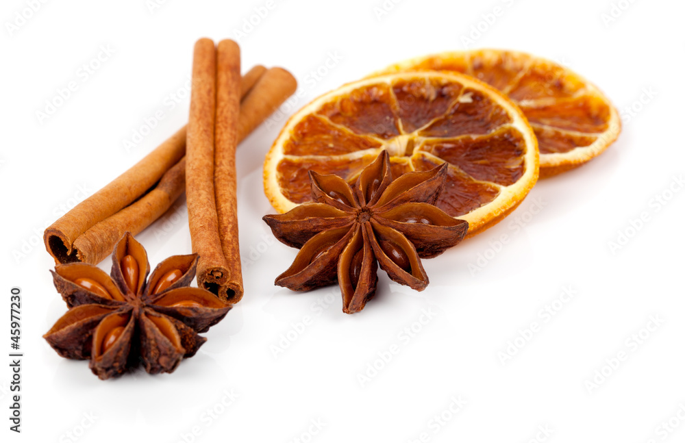 christmas decoration of whole star anise, orange and cinnamon, o