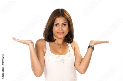 Wallpaper Mural Portrait of young woman showing your product with both hands Torontodigital.ca