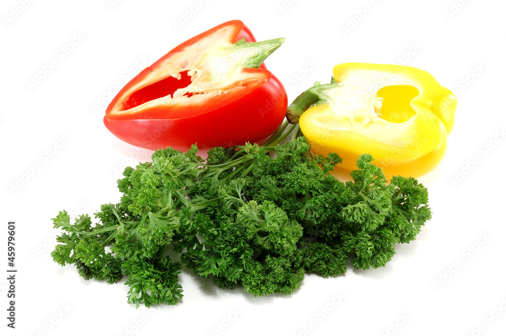 cut peppers with curly parsley