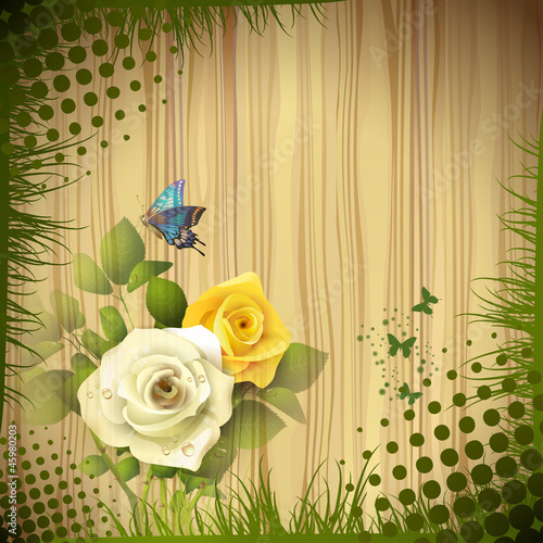 Wood background with roses and drops