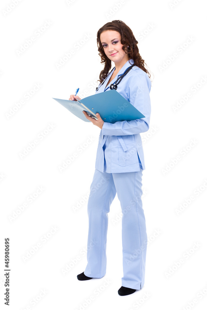 Full length of doctor or medic with clipboard Full length of doctor or medic with clipboard