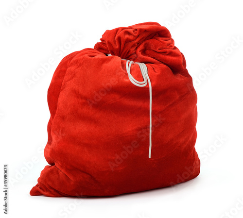 Santa Claus red bag full, on white background.