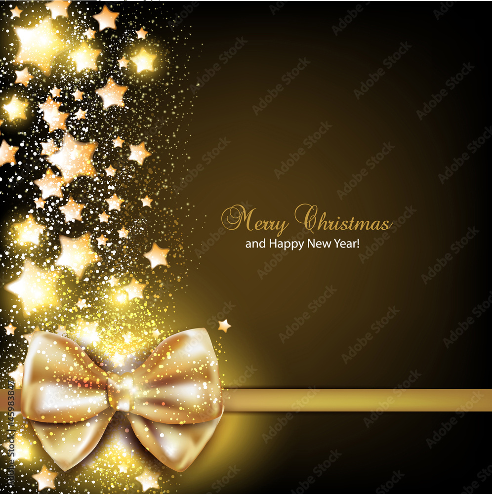 Elegant Christmas background with golden bow. Vector background Stock