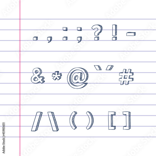 Several hand drawn text symbols on lined paper