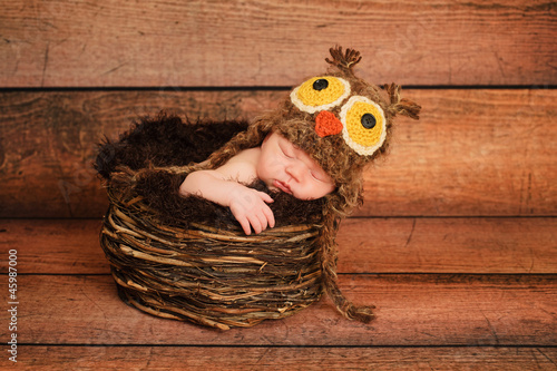 Newborn Baby Girl Wearing a an Owl Hat photo