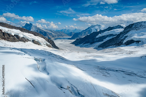 Aletsch. Swiss Alp Glacier with high mountain. View from the top