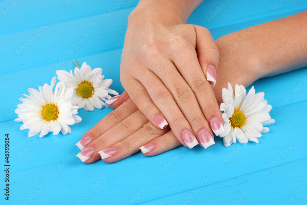 Woman hands with french manicure and flowers Woman hands with french manicure and flowers