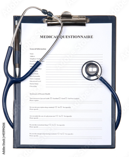 Medical questionnaire in a clipboard with stethoscope