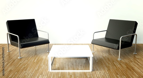 Modern interior with chairs and table on white wall