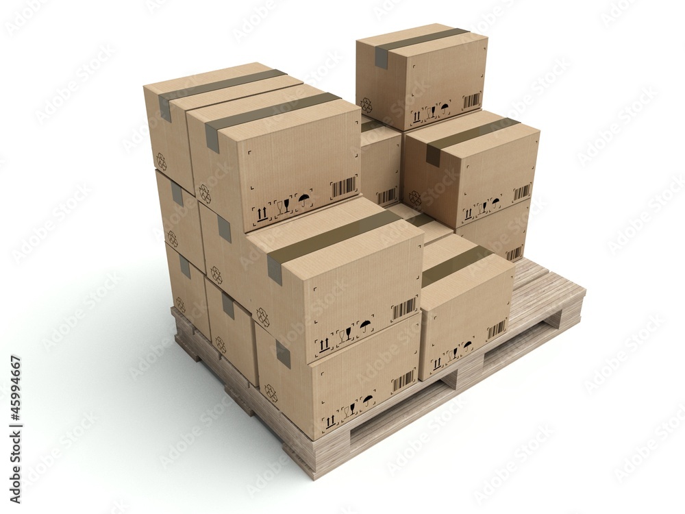Cardboard boxes on wooden palette isolated on white Cardboard boxes on wooden palette isolated on white