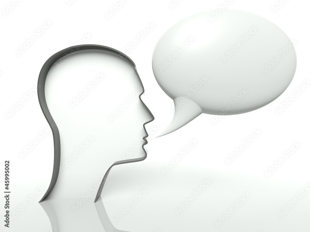 Face profile and speech bubble on white background, text space