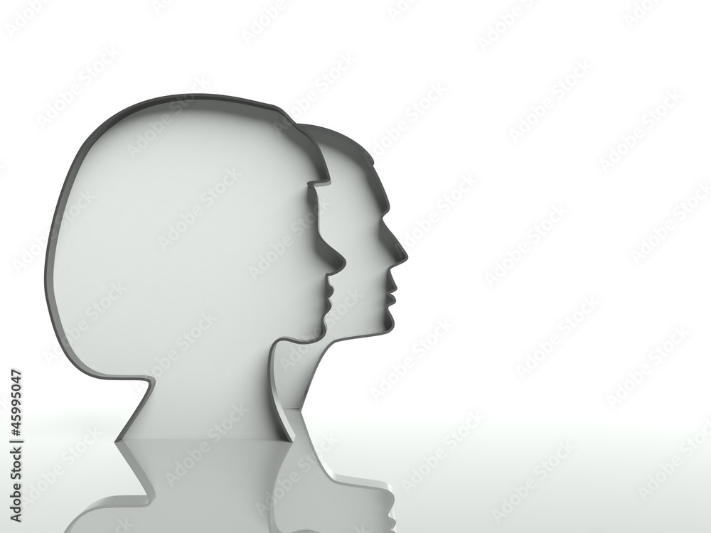 Man and woman heads profiles on white background, text space