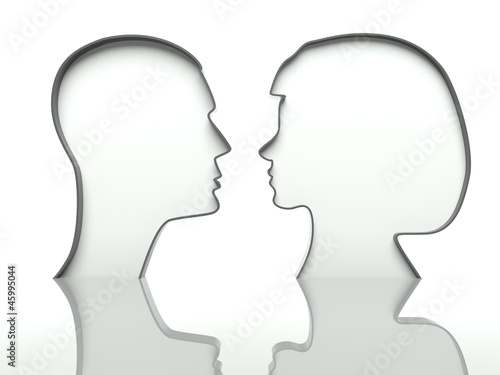 Man and woman heads profiles on white background