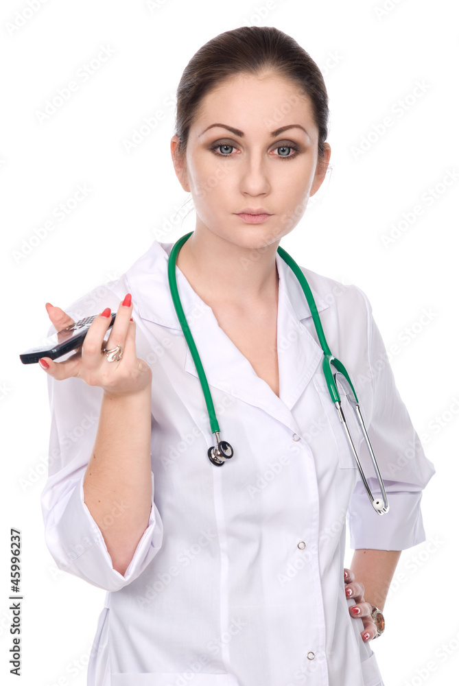 Thoughtful female doctor with mobile phone. Thoughtful female doctor with mobile phone.