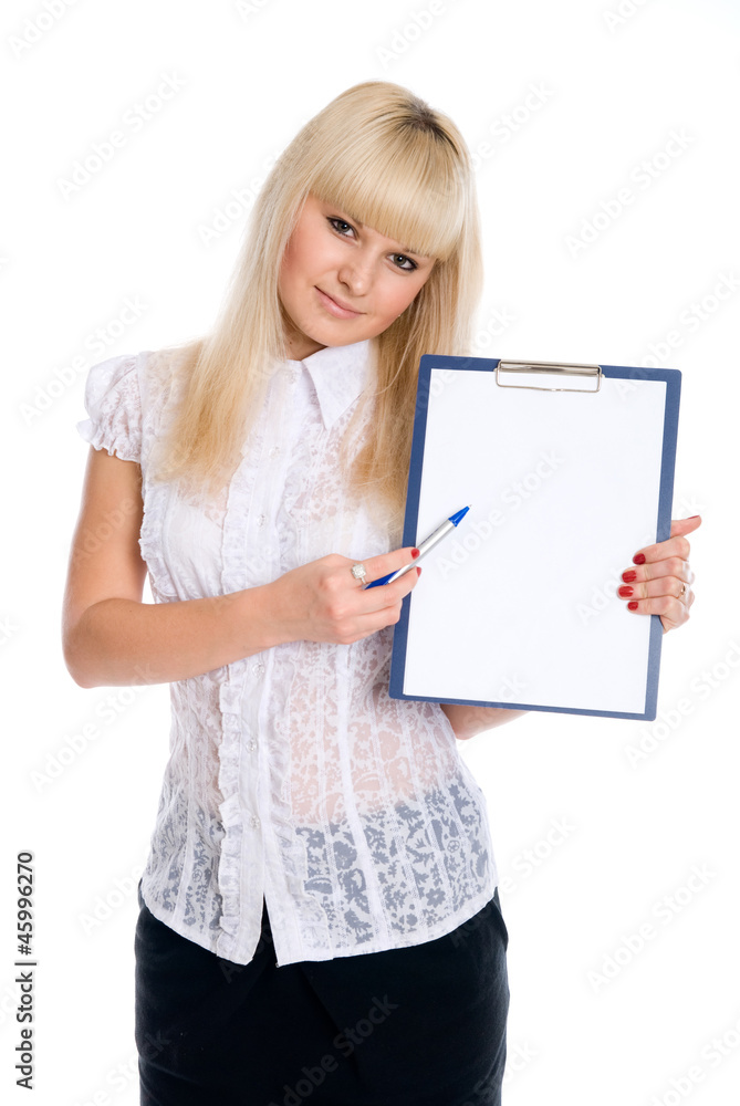 Beautiful young woman holding a blank sheet Beautiful young woman holding a blank sheet