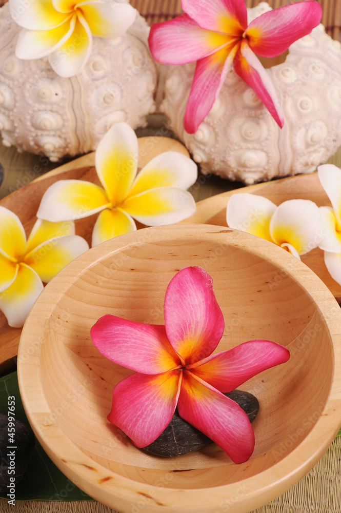 Frangipani and polished stone on bamboo mat Frangipani and polished stone on bamboo mat