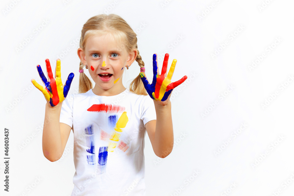 happy child with paint on the hands happy child with paint on the hands